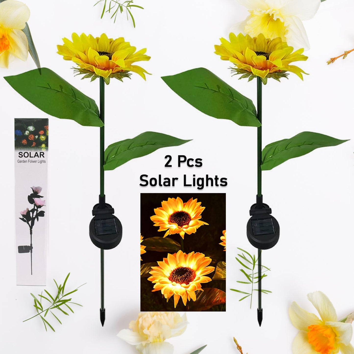 9328 2 Pc Outdoor Solar Sunflower Lights Intelligent Light Control Waterproof Garden Landscape Stake Light