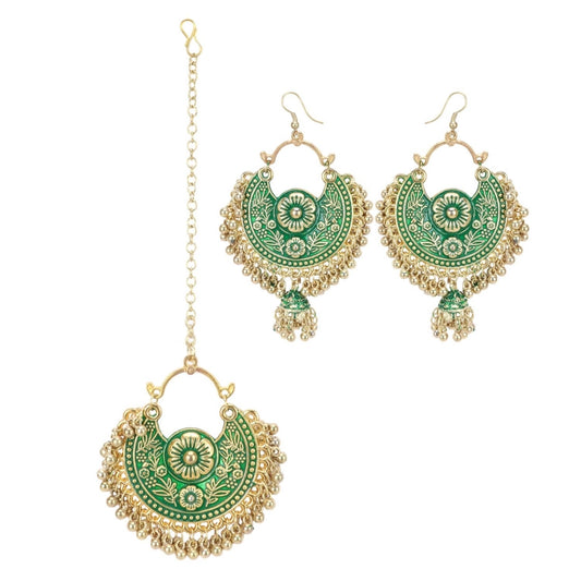 Generic Women's Gold Oxidized Earrings and  Maang Tikka-Green