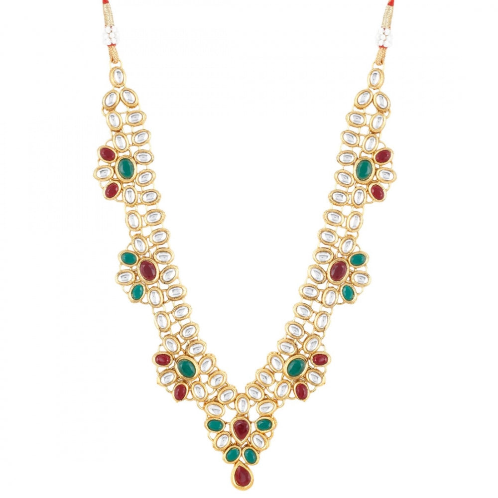 Gold Plated Green and Maroon Kundan Necklace with Earrings