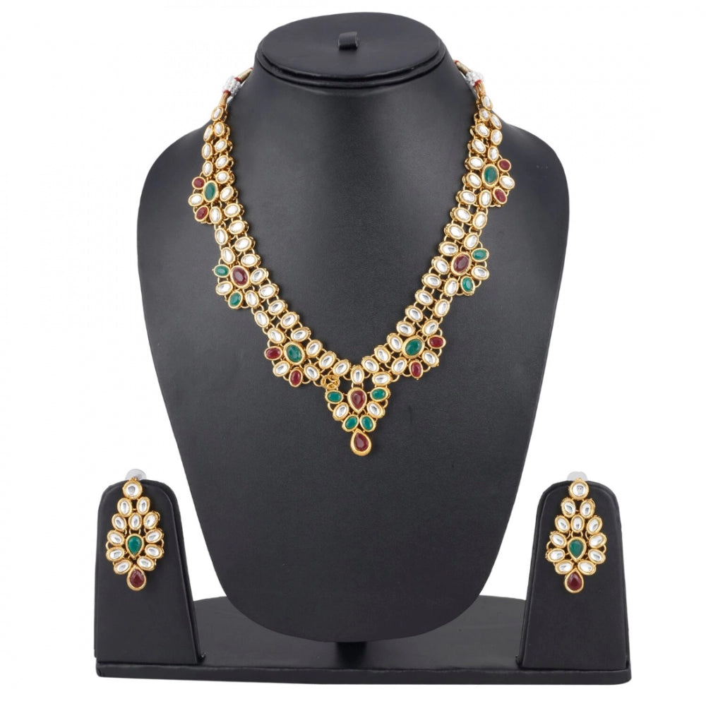 Gold Plated Green and Maroon Kundan Necklace with Earrings