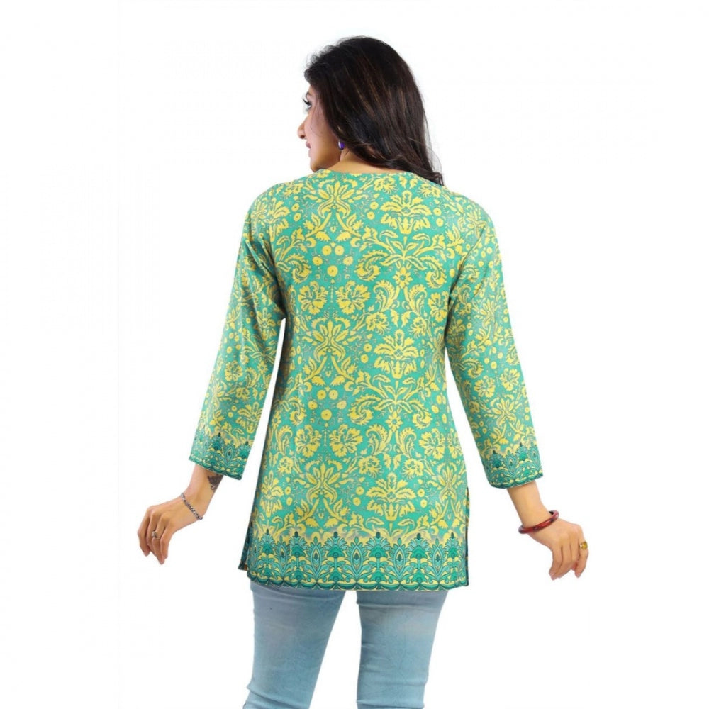 Generic Women's Quarter Sleeve Faux Crepe Printed Short Kurti Tunic Top (Color:Green)