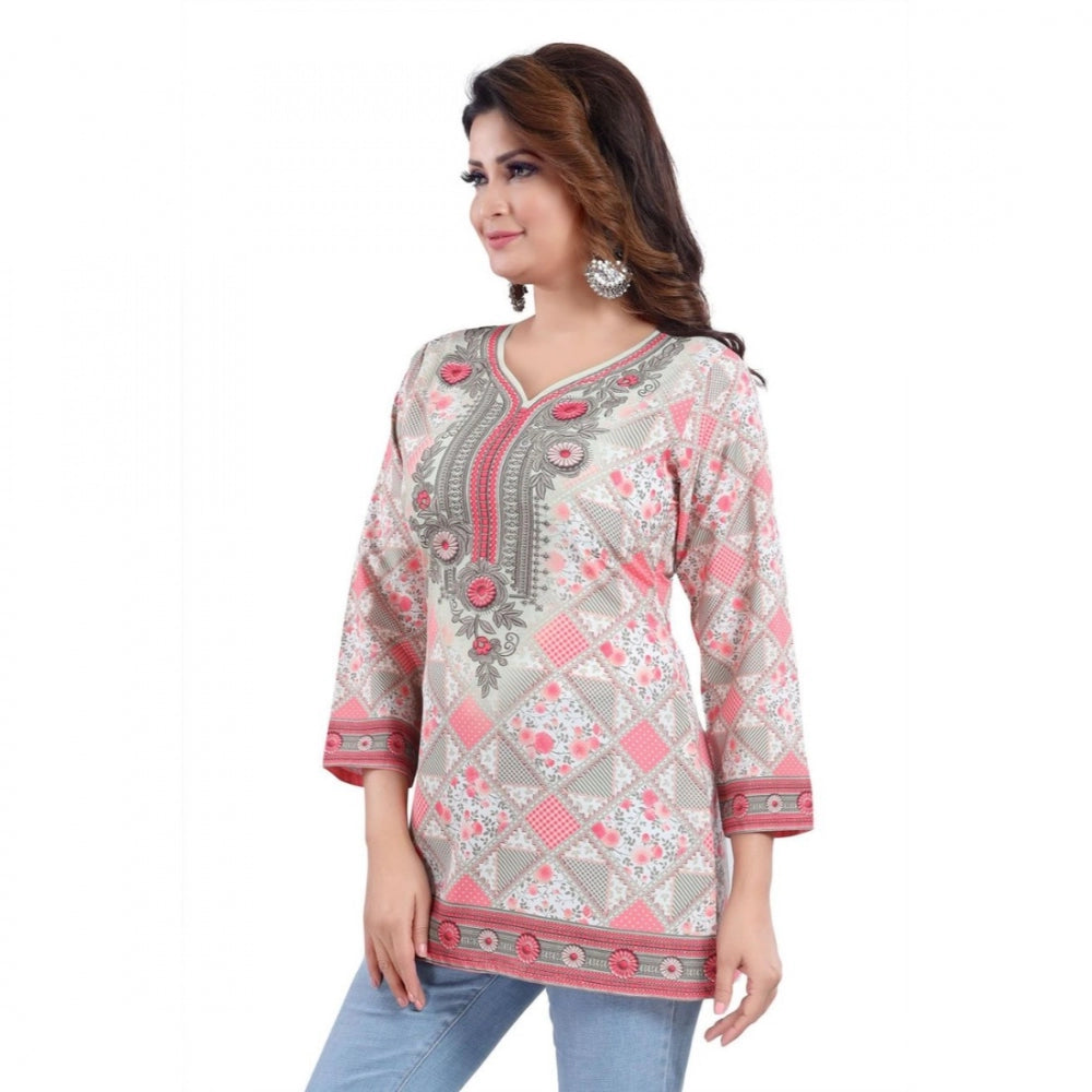 Generic Women's Quarter Sleeve Faux Crepe Printed Short Kurti Tunic Top (Color:Pink)