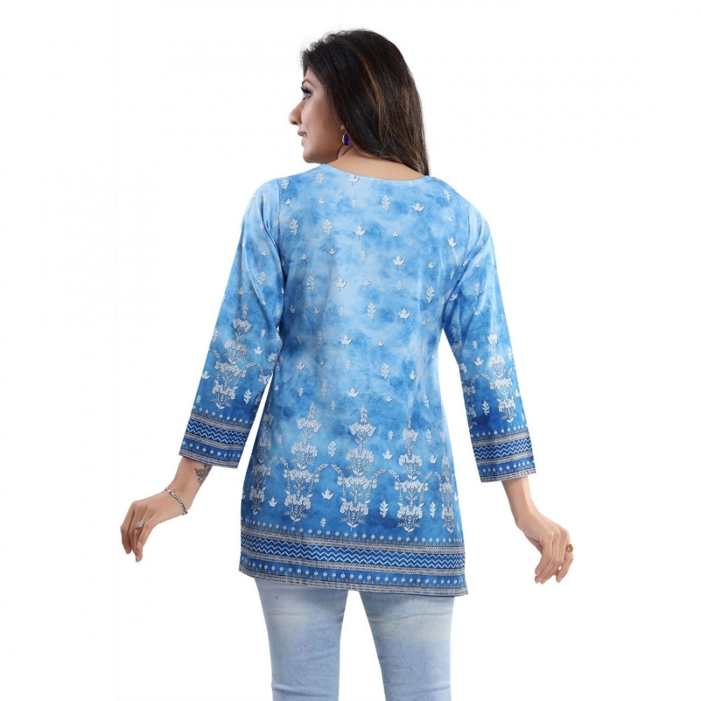 Generic Women's Quarter Sleeve Faux Crepe Printed Short Kurti Tunic Top (Color:Sky Blue)