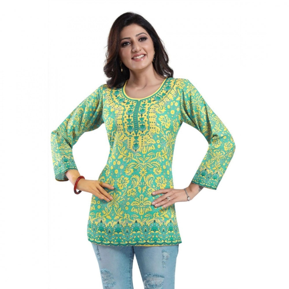 Generic Women's Quarter Sleeve Faux Crepe Printed Short Kurti Tunic Top (Color:Green)