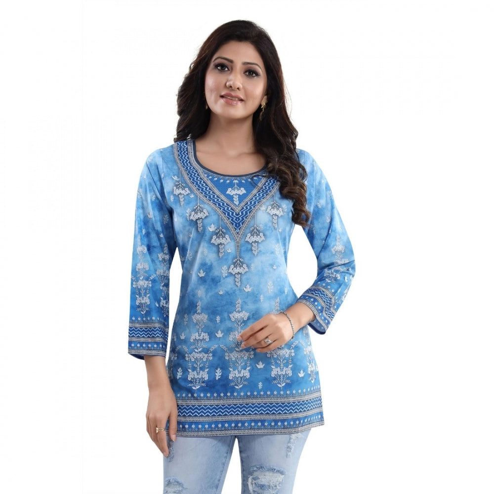 Generic Women's Quarter Sleeve Faux Crepe Printed Short Kurti Tunic Top (Color:Sky Blue)