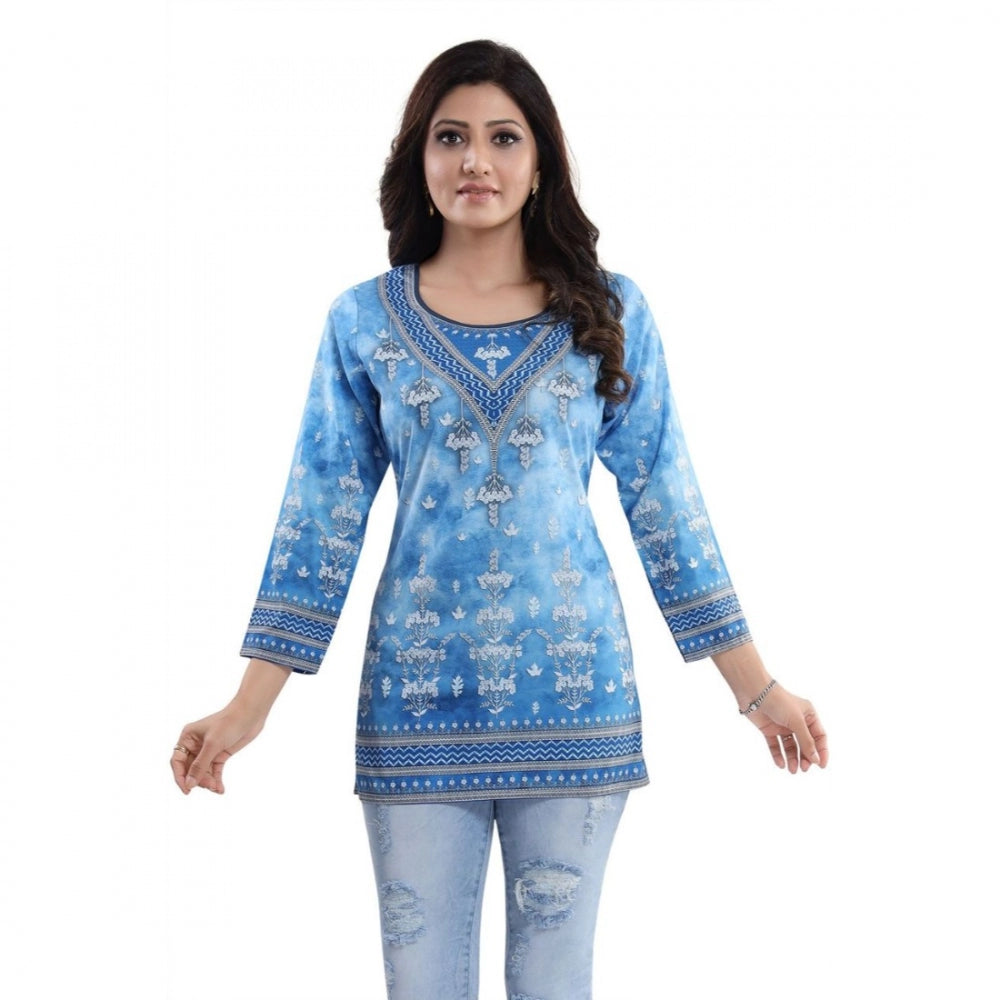 Generic Women's Quarter Sleeve Faux Crepe Printed Short Kurti Tunic Top (Color:Sky Blue)