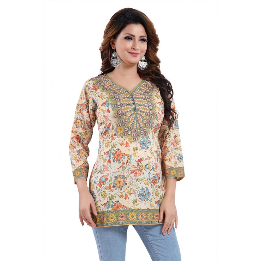 Generic Women's Quarter Sleeve Faux Crepe Printed Short Kurti Tunic Top (Color:Multicolor)