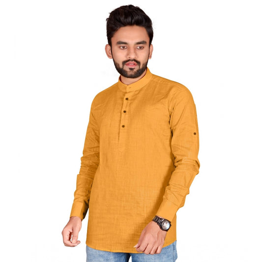 Generic Men's Cotton Solid Full Sleeve Short Kurta (Yellow)