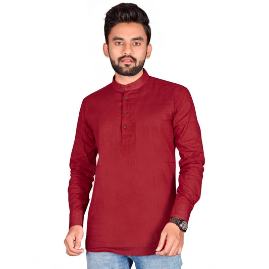 Generic Men's Cotton Solid Full Sleeve Short Kurta (Maroon)