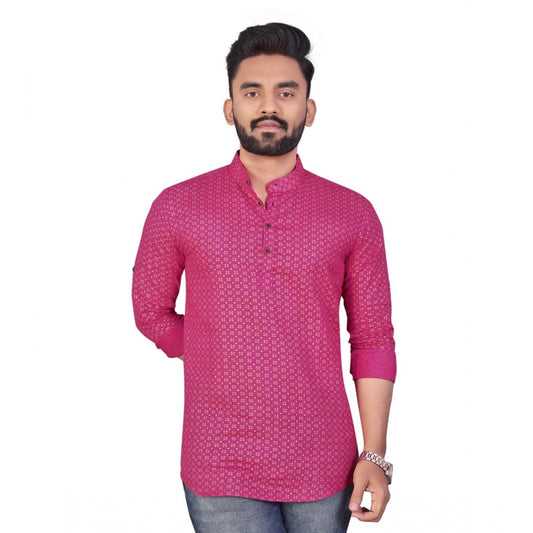 Generic Men's Cotton Printed Full Sleeve Short Kurta (Pink)