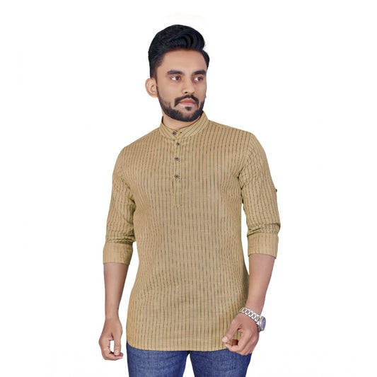 Generic Men's Cotton Blend Printed Full Sleeve Short Kurta (Beige)