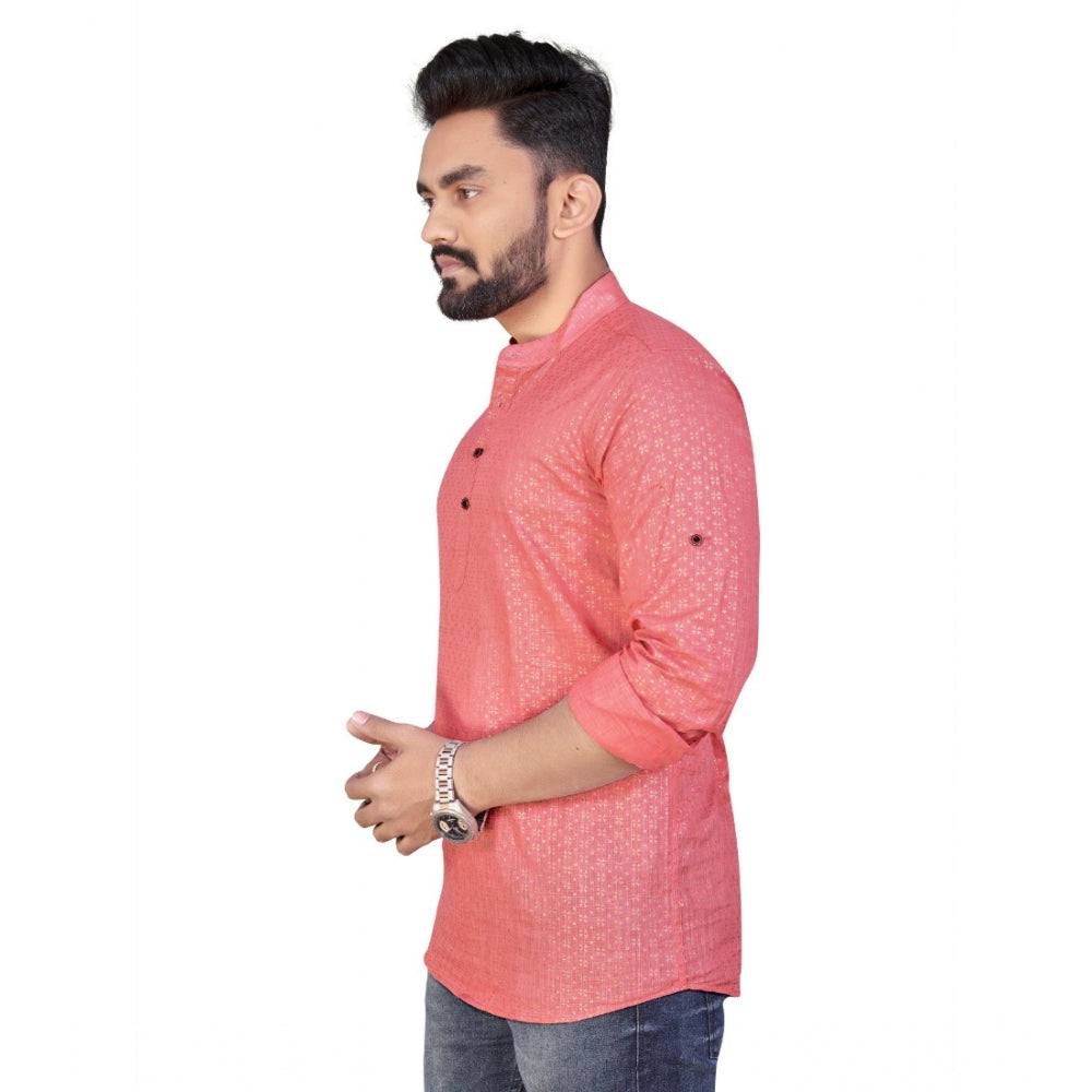 Generic Men's Cotton Printed Full Sleeve Short Kurta (Peach)