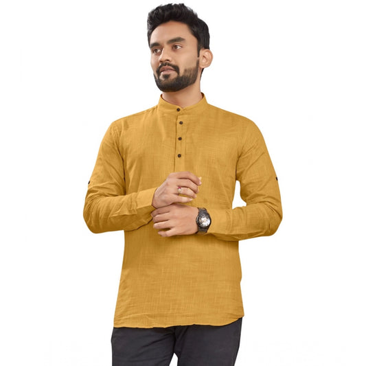 Generic Men's Cotton Solid Full Sleeve Short Kurta (Yellow)