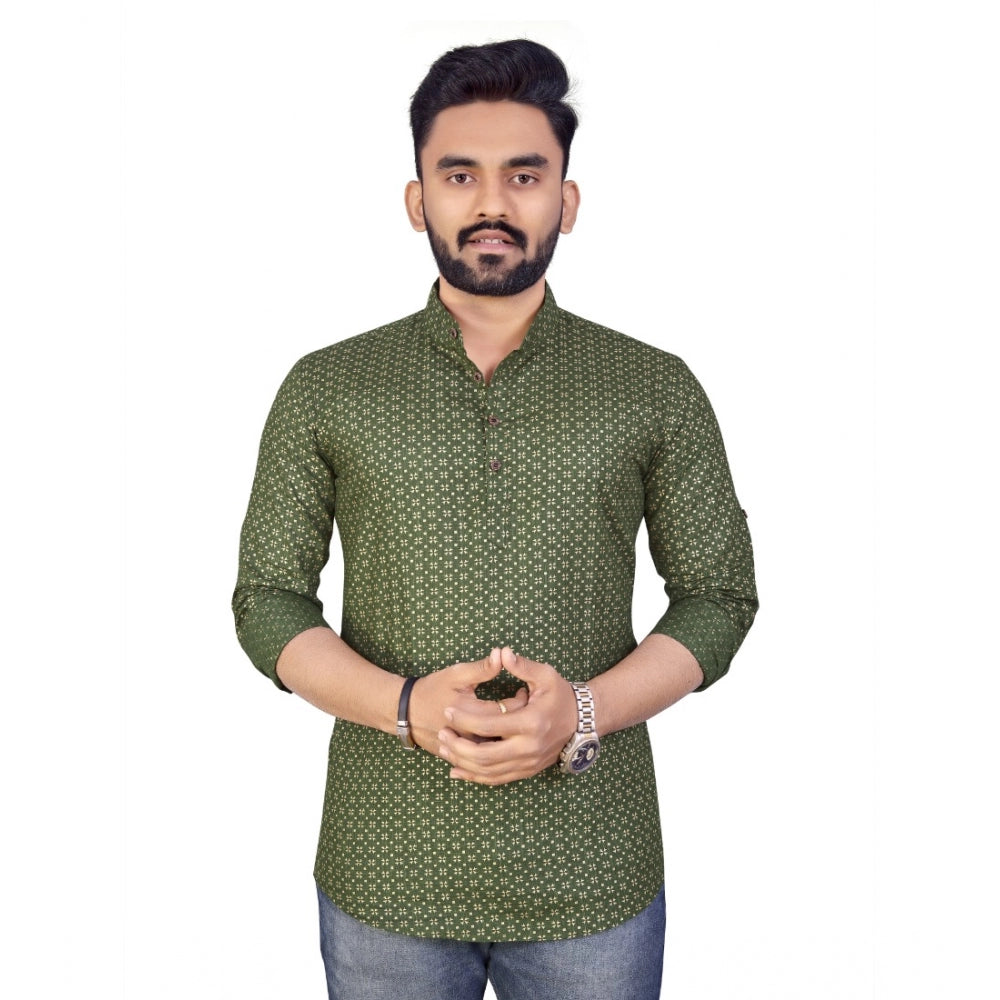 Generic Men's Cotton Printed Full Sleeve Short Kurta (Green)