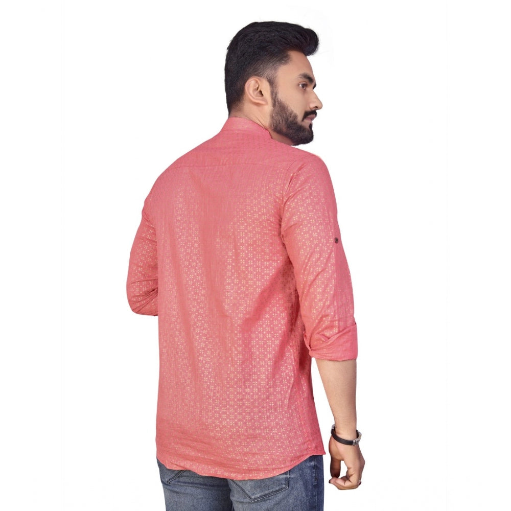 Generic Men's Cotton Printed Full Sleeve Short Kurta (Peach)