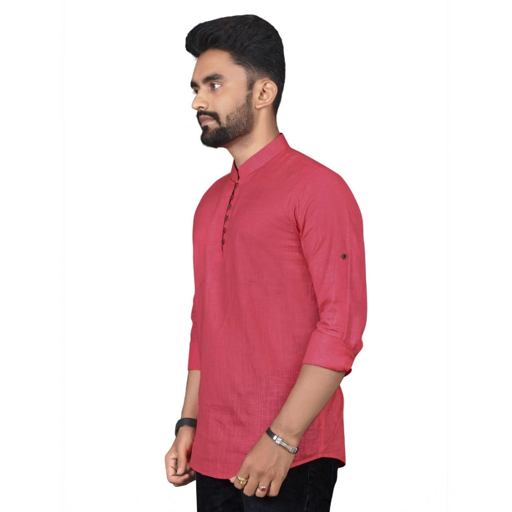 Generic Men's Cotton Solid Full Sleeve Short Kurta (Pink)