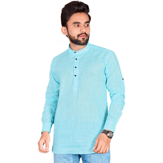 Generic Men's Cotton Solid Full Sleeve Short Kurta (Light Blue)