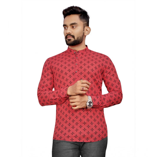 Generic Men's Cotton Printed Full Sleeve Short Kurta (Red)