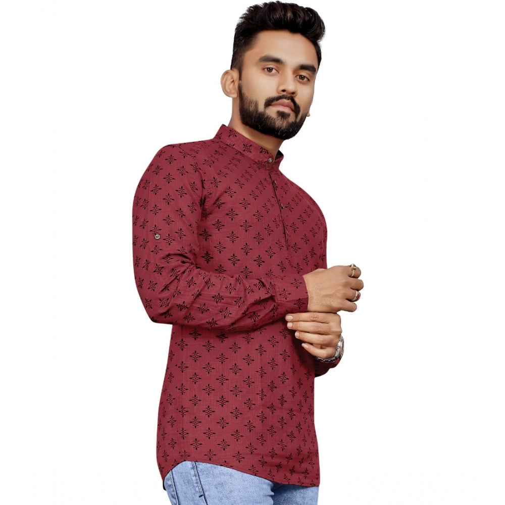 Generic Men's Cotton Printed Full Sleeve Short Kurta (Maroon)