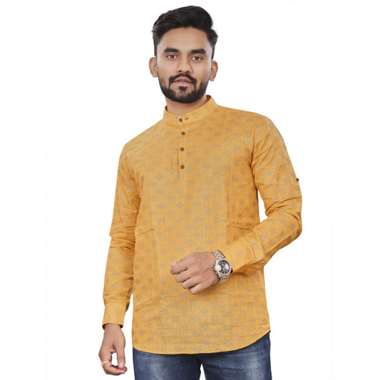 Generic Men's Cotton Printed Full Sleeve Short Kurta (Yellow)