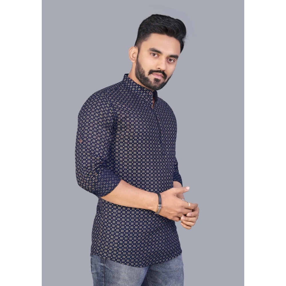 Generic Men's Cotton Printed Full Sleeve Short Kurta (Navy Blue)