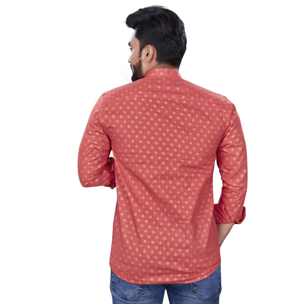 Generic Men's Cotton Printed Full Sleeve Short Kurta (Pink)