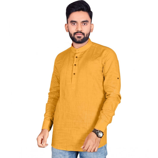 Generic Men's Cotton Solid Full Sleeve Short Kurta (Yellow)