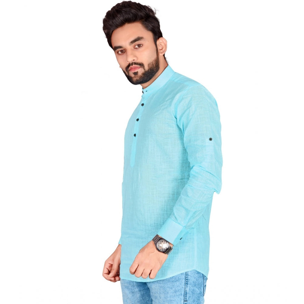 Generic Men's Cotton Solid Full Sleeve Short Kurta (Light Blue)