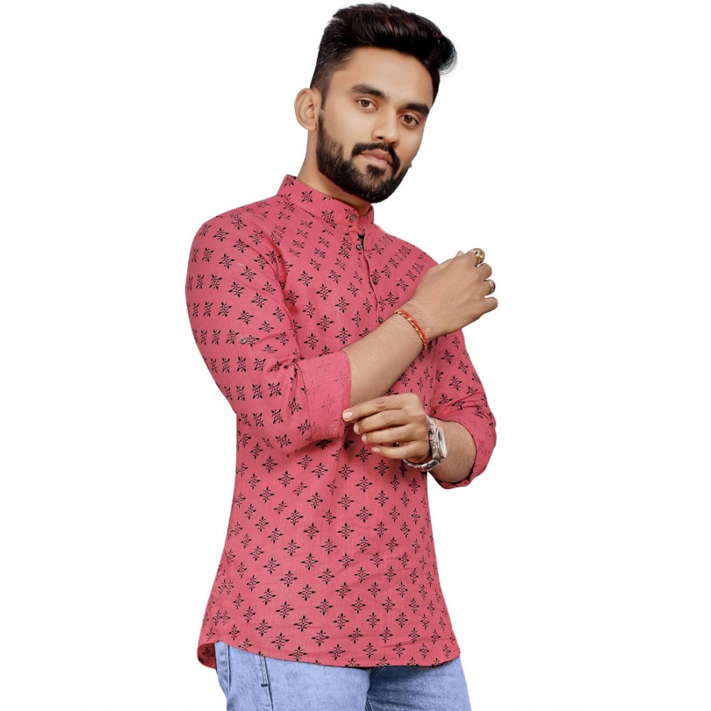 Generic Men's Cotton Printed Full Sleeve Short Kurta (Pink)