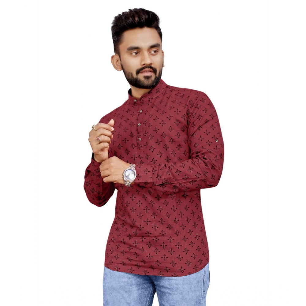 Generic Men's Cotton Printed Full Sleeve Short Kurta (Maroon)