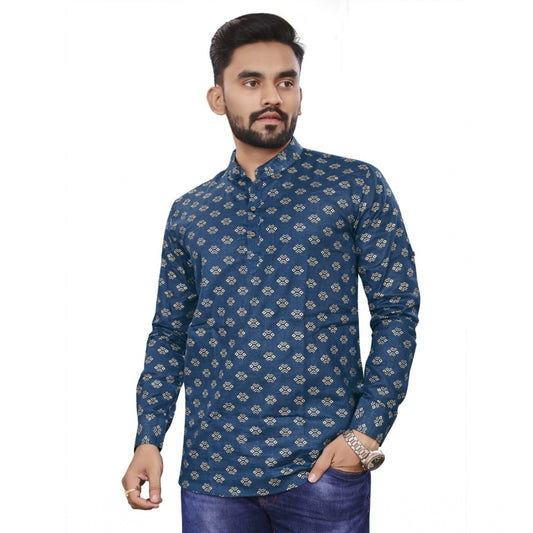 Generic Men's Cotton Printed Full Sleeve Short Kurta (Dark Blue)