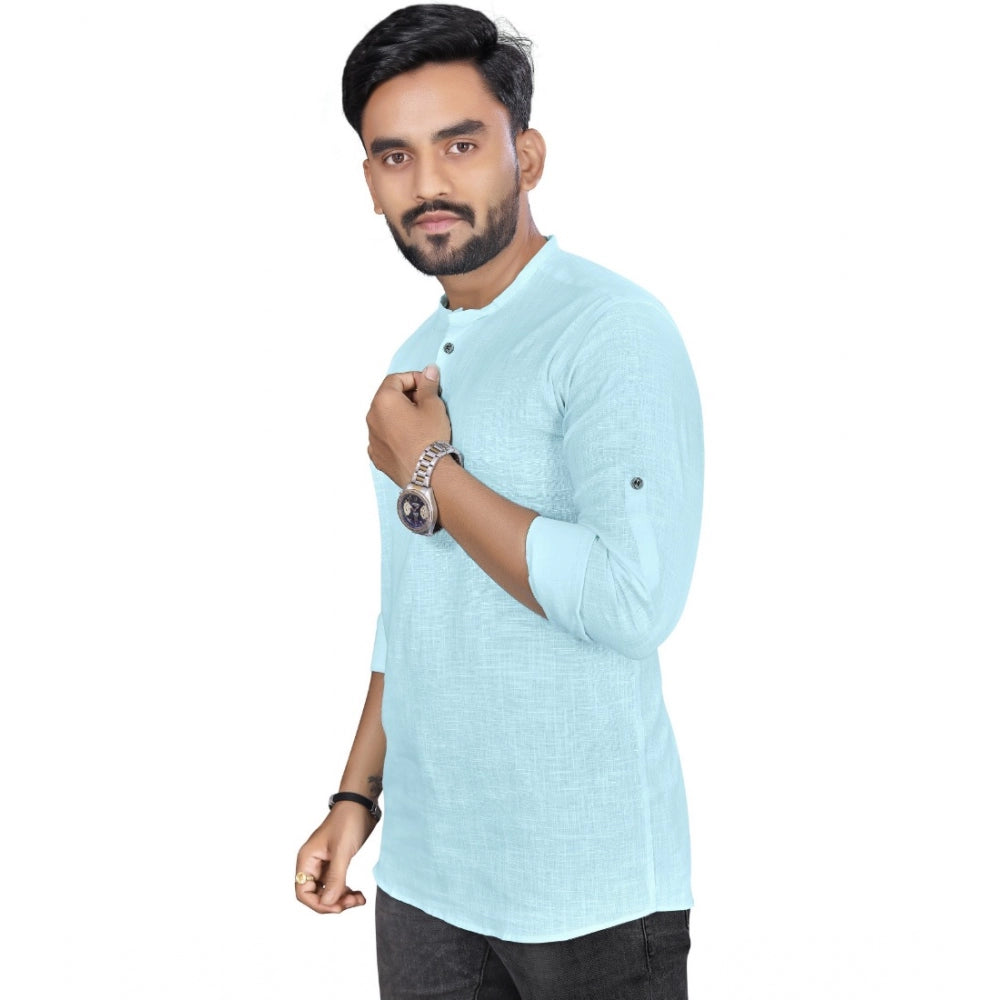 Generic Men's Cotton Solid Full Sleeve Short Kurta (Light Blue)