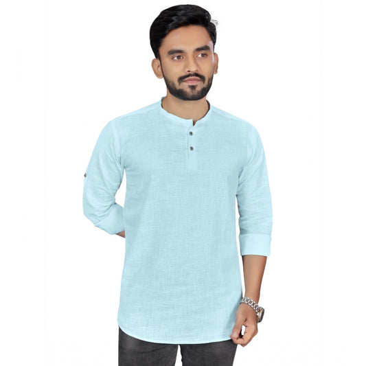 Generic Men's Cotton Solid Full Sleeve Short Kurta (Light Blue)