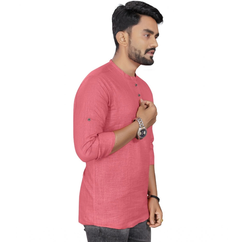 Generic Men's Cotton Solid Full Sleeve Short Kurta (Pink)