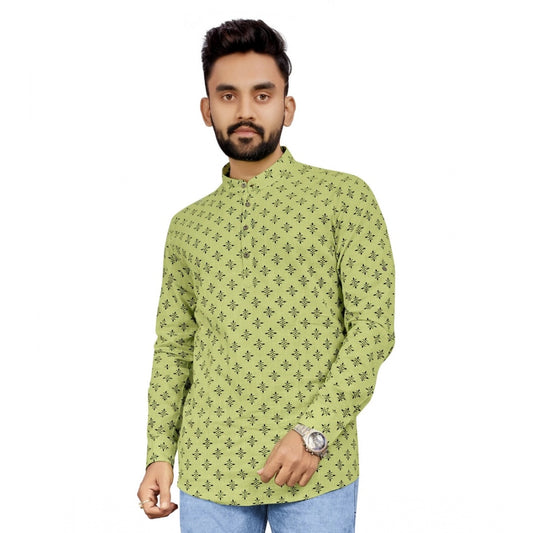 Generic Men's Cotton Printed Full Sleeve Short Kurta (Light Green)