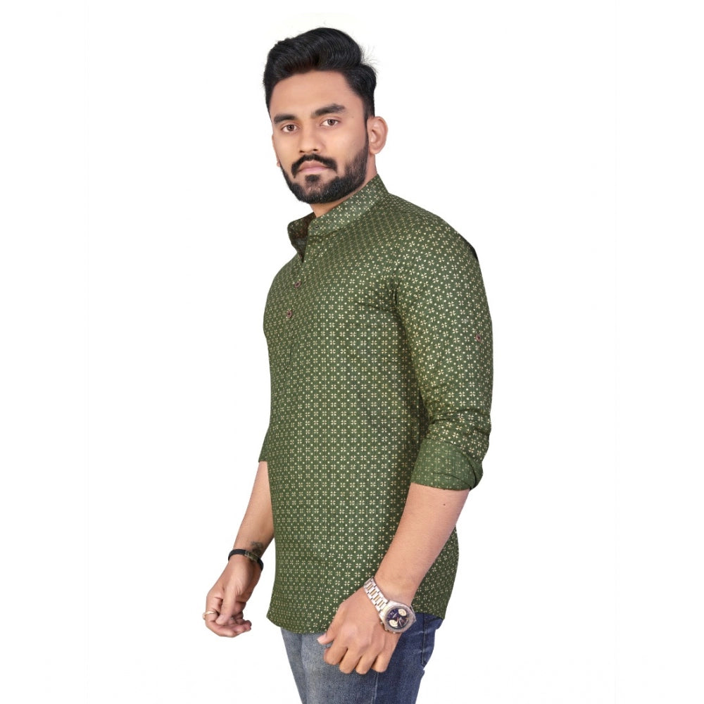 Generic Men's Cotton Printed Full Sleeve Short Kurta (Green)