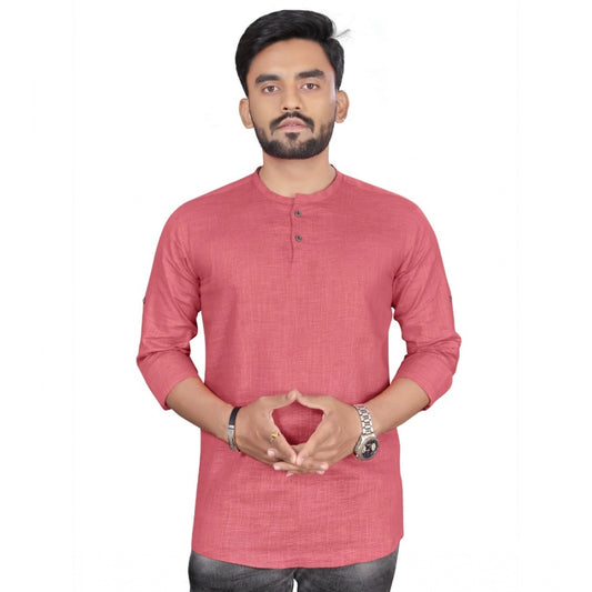 Generic Men's Cotton Solid Full Sleeve Short Kurta (Pink)