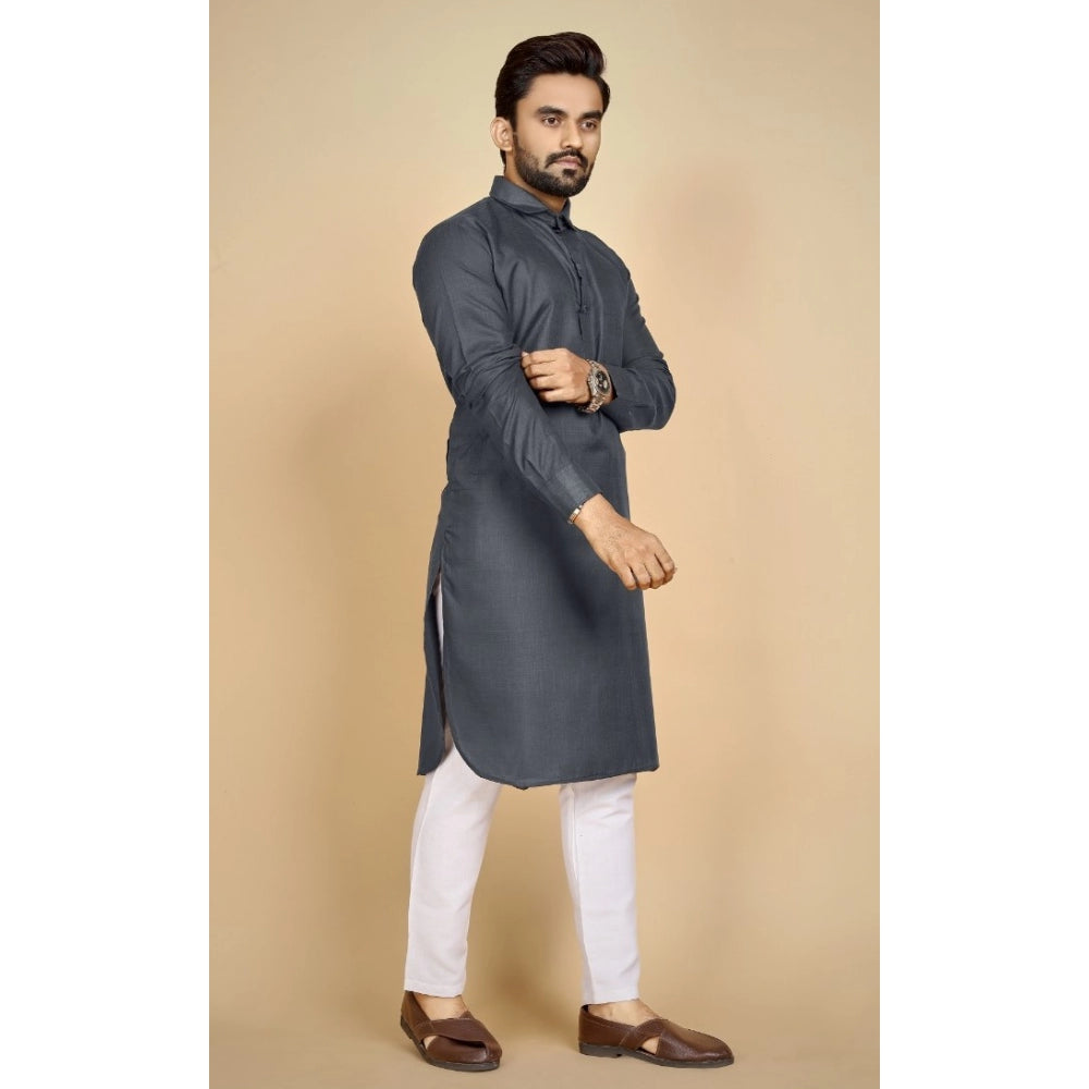 Generic Men's Cotton Blend Solid Full Sleeve Knee Length Kurta (Black)