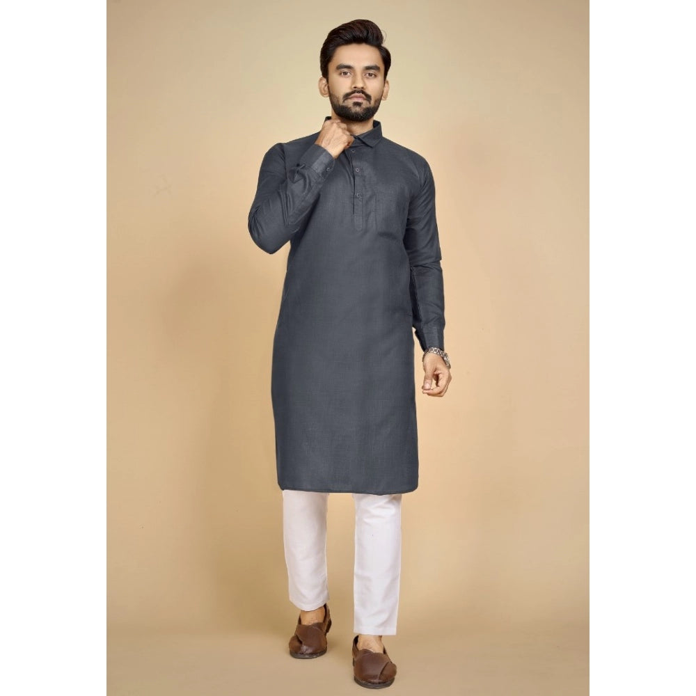 Generic Men's Cotton Blend Solid Full Sleeve Knee Length Kurta (Black)