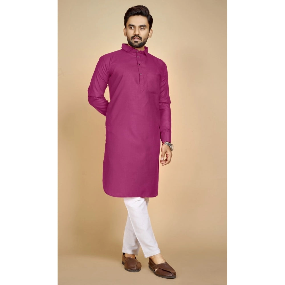 Generic Men's Cotton Blend Solid Full Sleeve Knee Length Kurta (Pink)