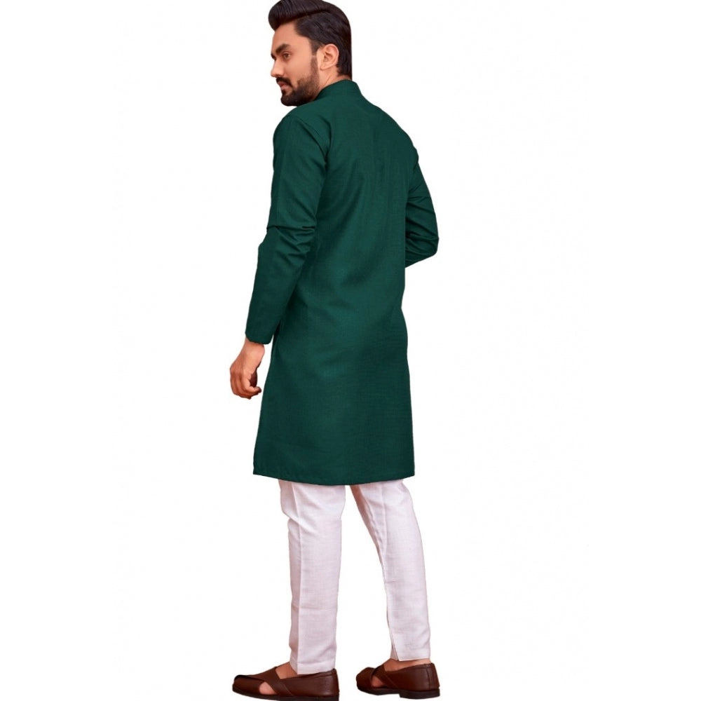 Generic Men's Cotton Blend Solid Full Sleeve Knee Length Kurta (Dark Green)