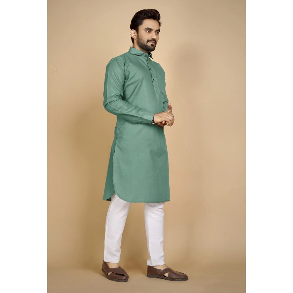 Generic Men's Cotton Blend Solid Full Sleeve Knee Length Kurta (Green)