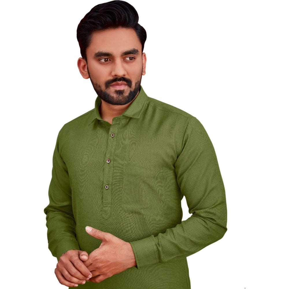 Generic Men's Cotton Blend Solid Full Sleeve Knee Length Kurta (Green)