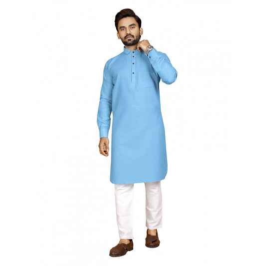 Generic Men's Cotton Blend Solid Full Sleeve Knee Length Kurta (Light Blue)