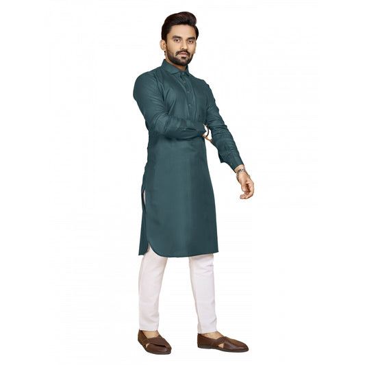 Generic Men's Cotton Blend Solid Full Sleeve Knee Length Kurta (Green)