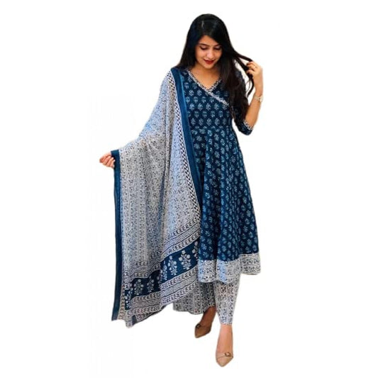 Generic Women's Rayon Printed Kurti With Bottom And Dupatta Set (Blue)