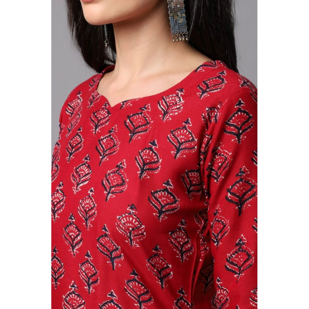 Generic Women's Rayon Printed Kurti With Bottom And Dupatta Set (Red)