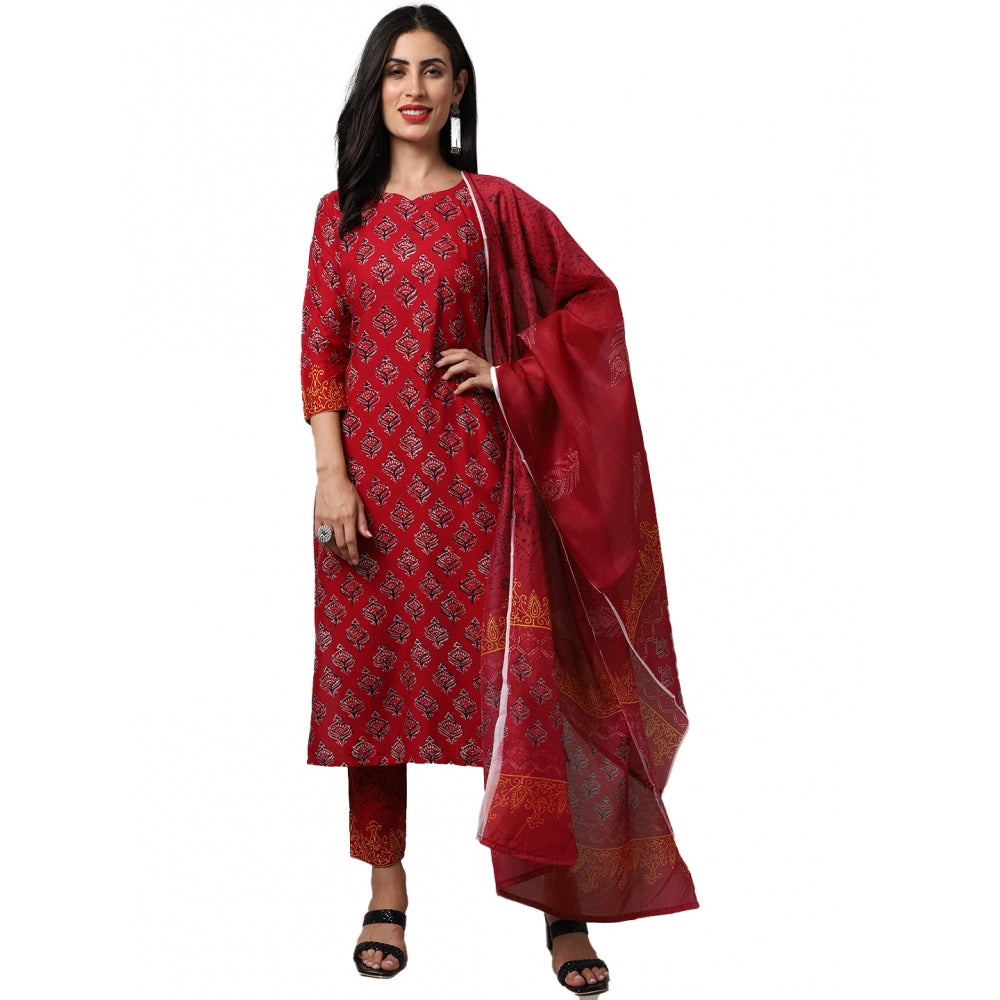 Generic Women's Rayon Printed Kurti With Bottom And Dupatta Set (Red)