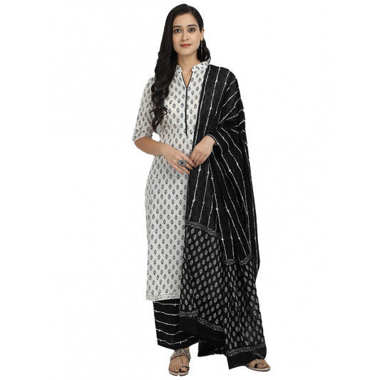 Generic Women's Rayon Printed Kurti With Bottom And Dupatta Set (Black And White)