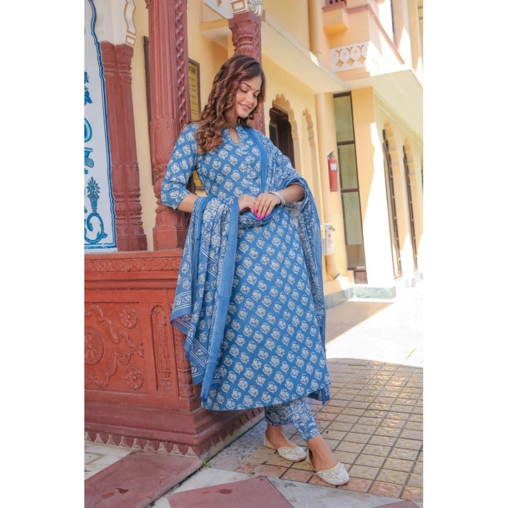 Generic Women's Rayon Printed Kurti With Bottom And Dupatta Set (Light Blue)